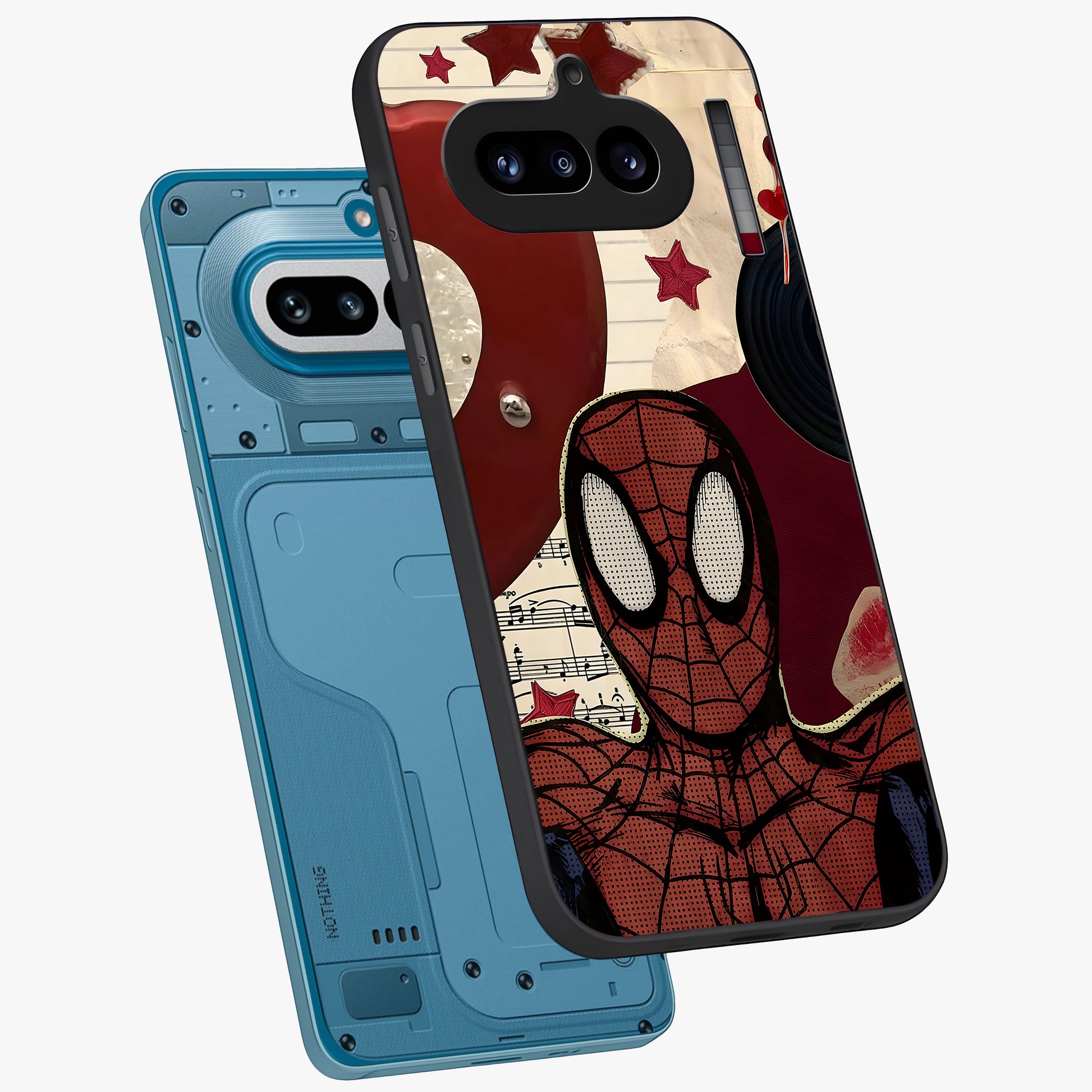 Web Warrior Vibes Glass Case displayed in angled mockup highlighting dynamic web design with comic style aesthetic.