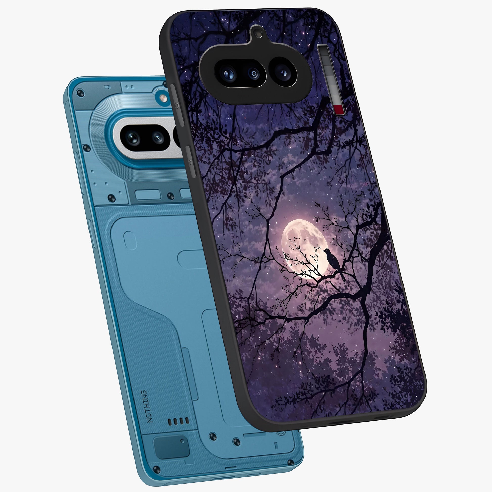 Whispering Moon Silence Glass Case displayed in angled mockup highlighting calm lunar design with dreamy night aesthetic.