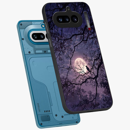 Whispering Moon Silence Glass Case displayed in angled mockup highlighting calm lunar design with dreamy night aesthetic.