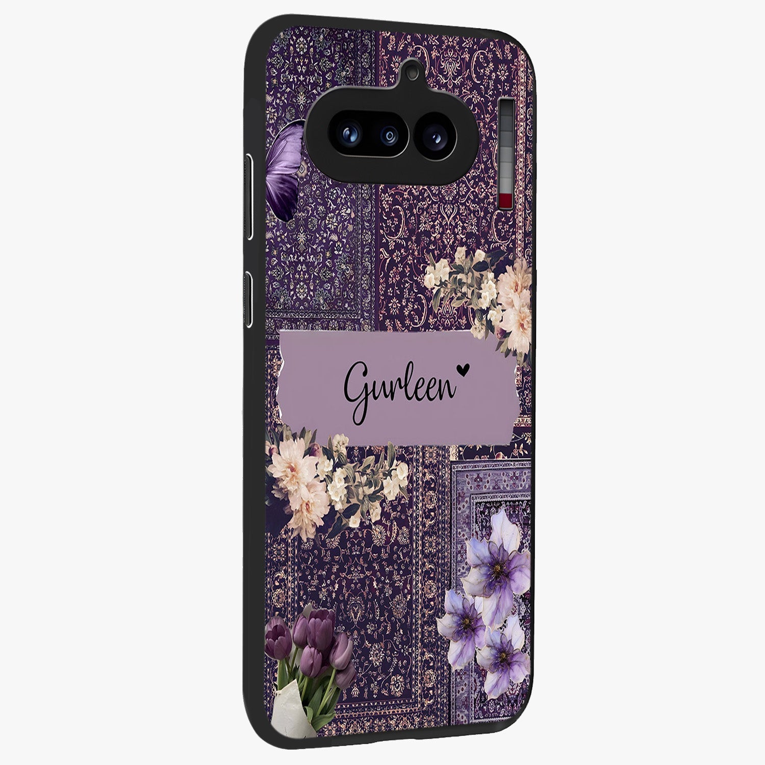 Antique Floral Whisper Custom Name Glass Case upright view showcasing delicate floral artwork with custom name feature.