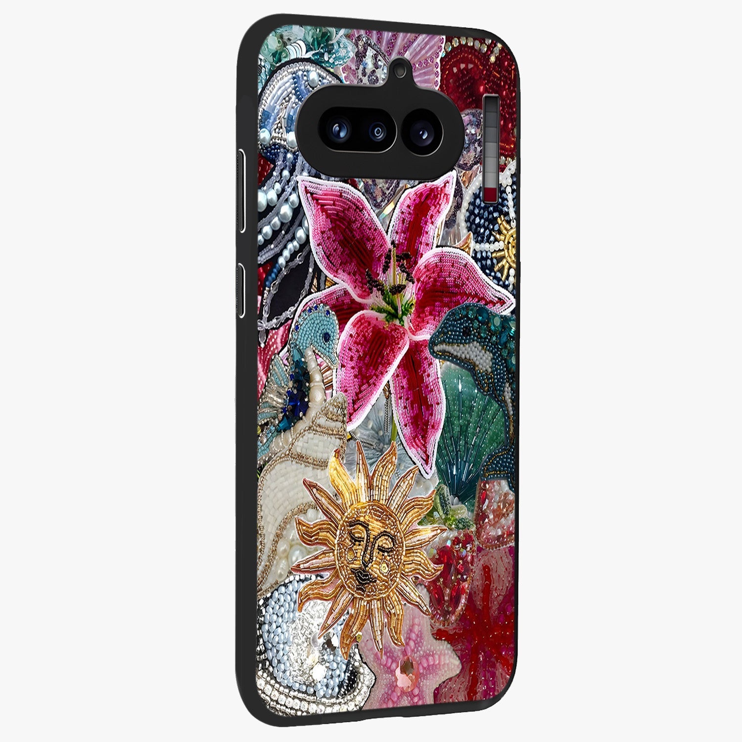 Beaded Garden Fantasy Glass Case upright view showcasing whimsical garden aesthetic with artistic bead details.