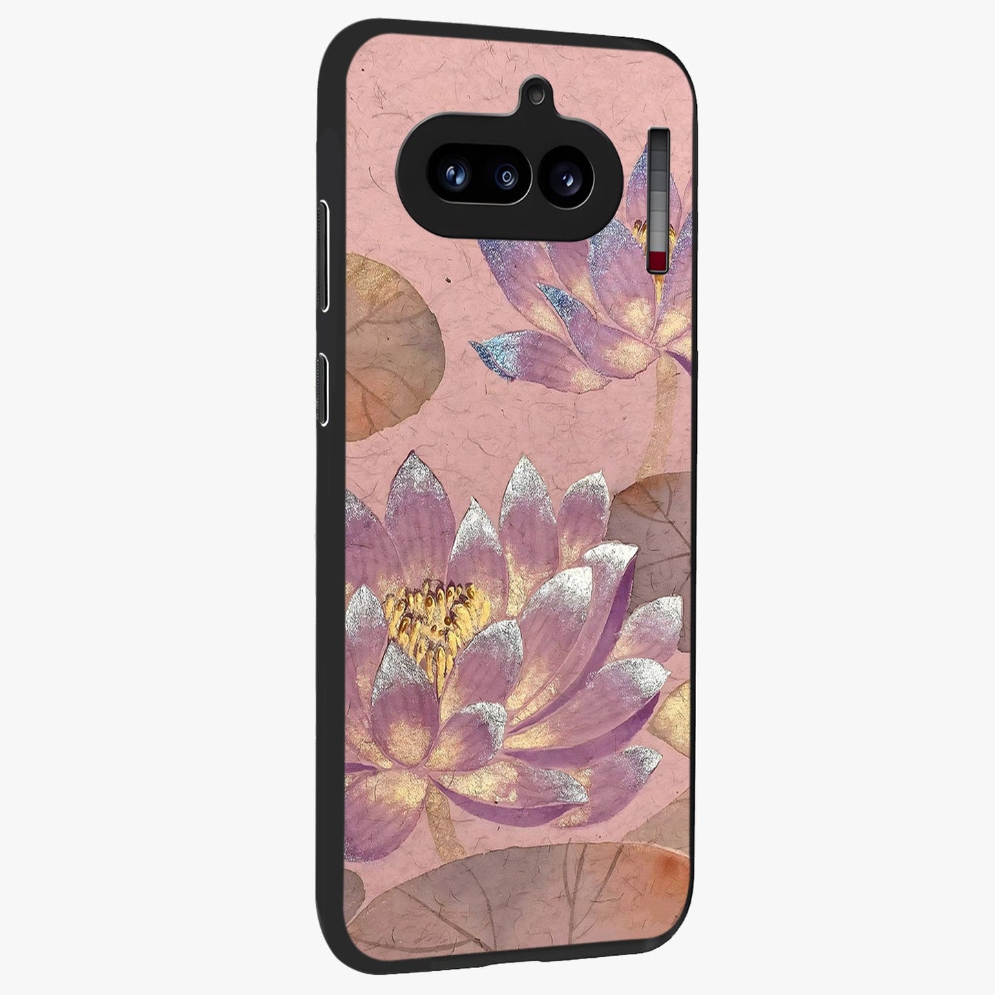 Blossom Mist Lotus Glass Case upright view showcasing graceful lotus flower design with peaceful botanical style.