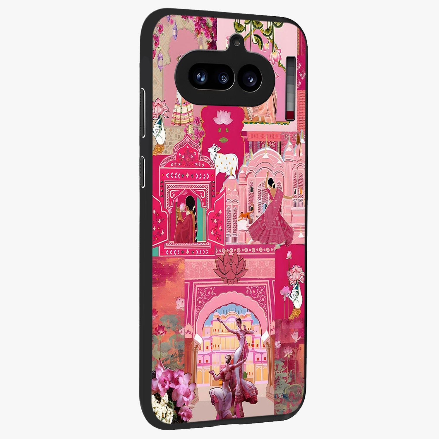 Blossoms of Rajasthan Glass Case upright view showcasing colorful floral design inspired by traditional Indian art.
