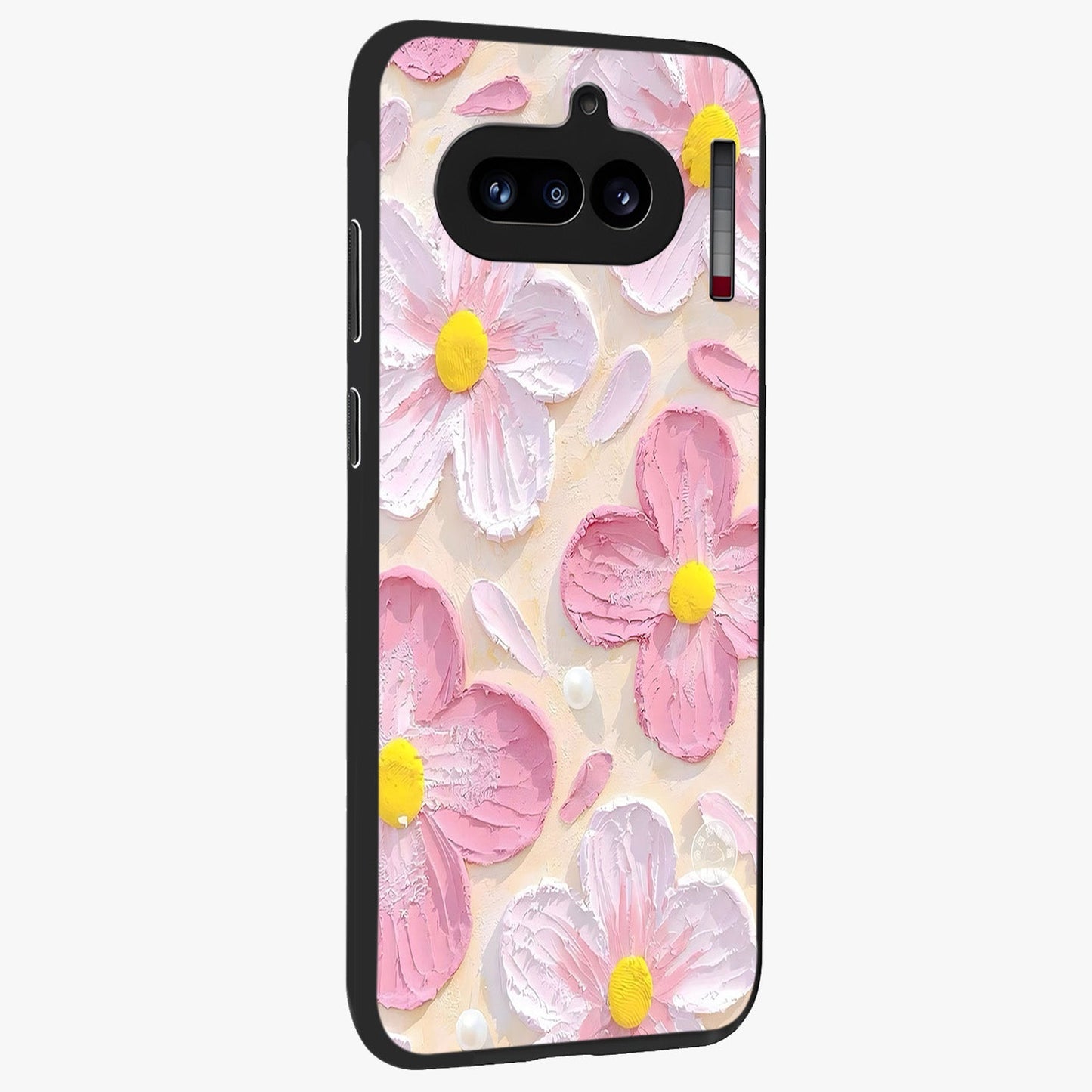 Blush Bloom Texture Glass Case upright view showcasing delicate blush floral texture with modern minimal style.