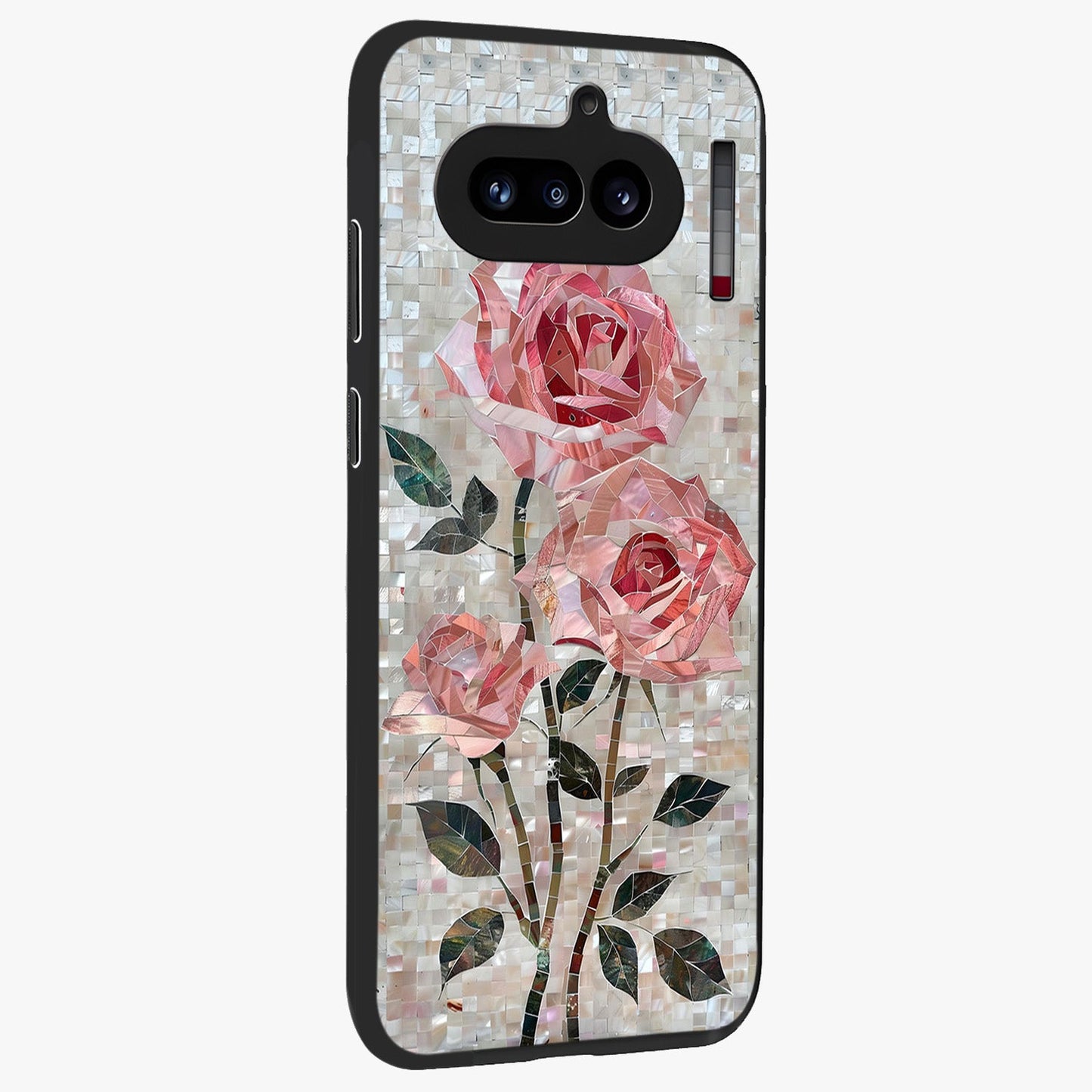 Blush Mosaic Bloom Glass Case upright view showcasing decorative floral mosaic artwork with stylish modern aesthetic.