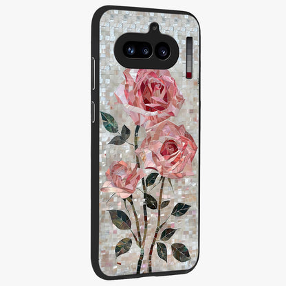 Blush Mosaic Bloom Glass Case upright view showcasing decorative floral mosaic artwork with stylish modern aesthetic.