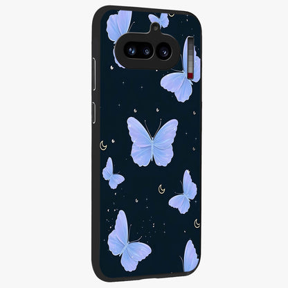 Butterfly With Stars Pattern Glass Case upright view showcasing celestial butterfly artwork with sparkling star elements.