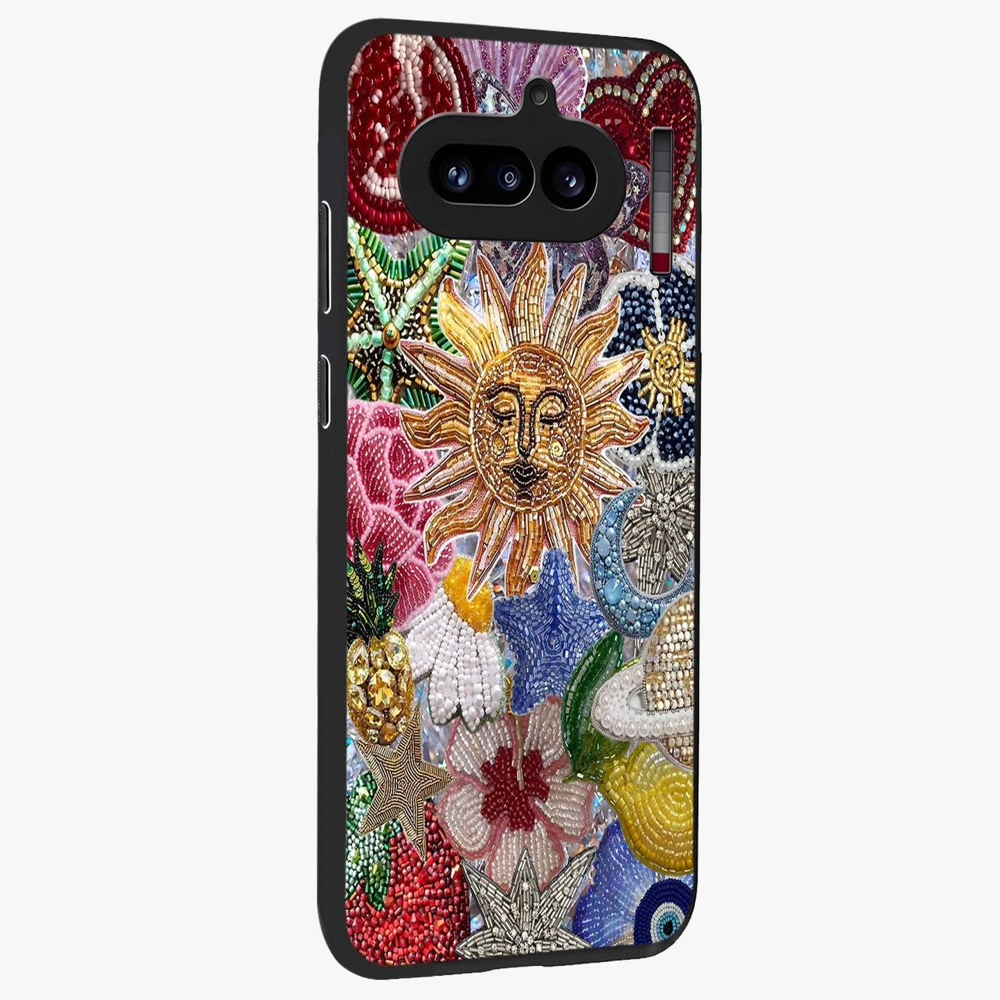 Celestial Floral and Playful Glass Case upright view showcasing whimsical floral artwork with cosmic aesthetic theme.