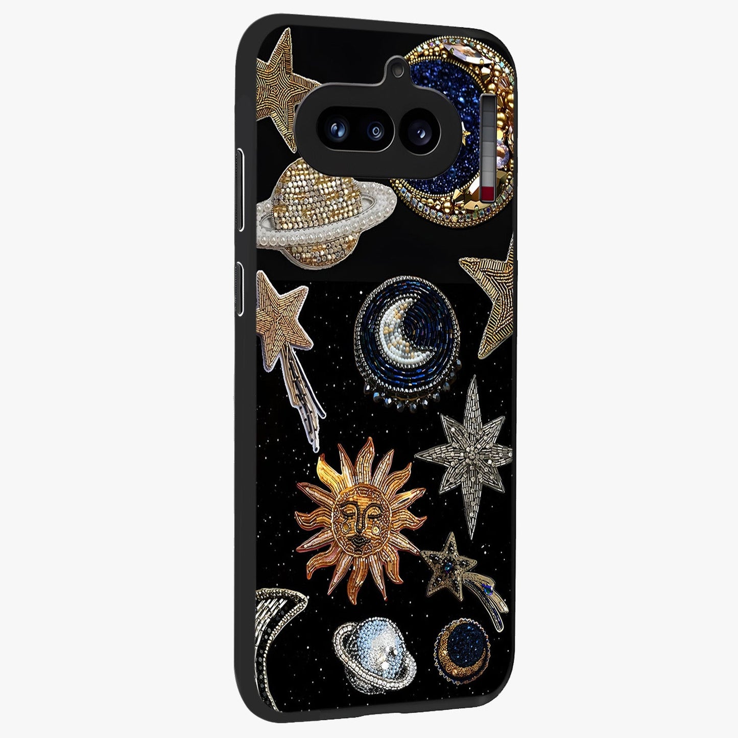 Celestial Gem Constellations Glass Case upright view showcasing cosmic constellation artwork with celestial aesthetic style.