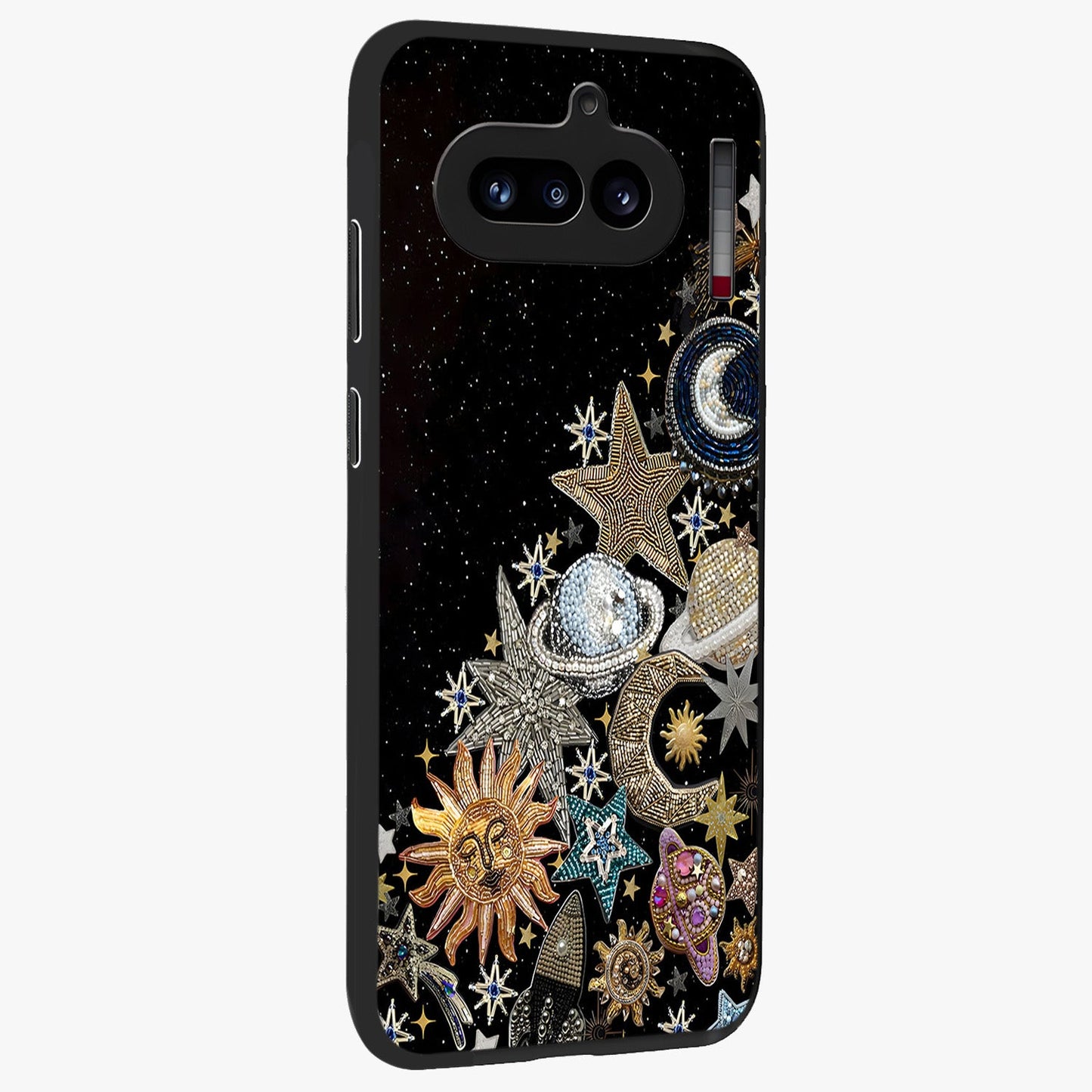 Cosmic Sparkle Dreams Glass Case upright view showcasing glowing cosmic artwork with magical galaxy theme.