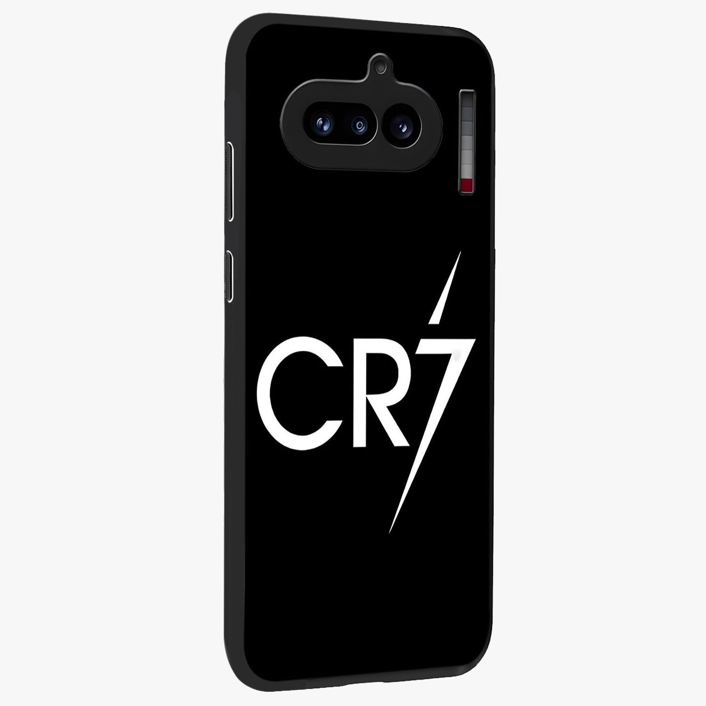 Cr7 Elite Strike Glass Case upright view showcasing energetic football inspired design with modern sports aesthetic.