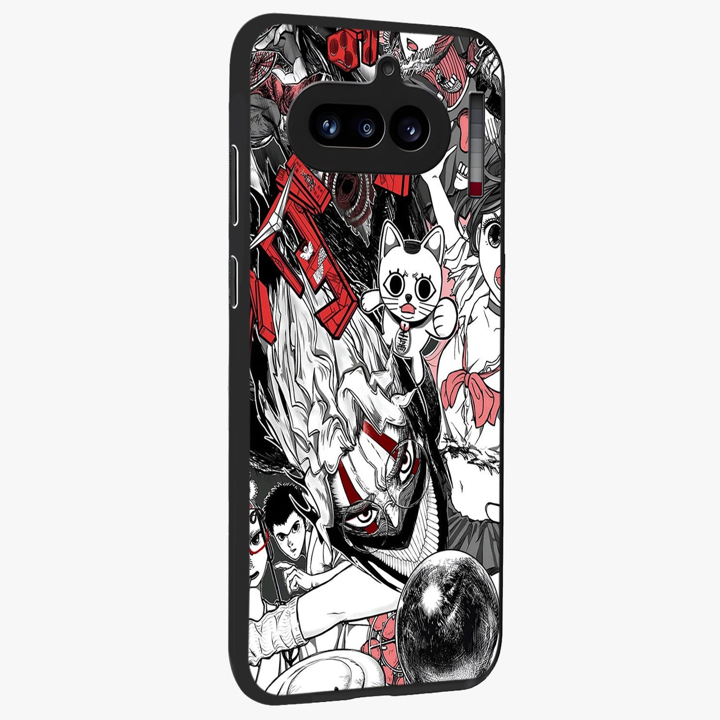 Crimson Chaos Panel Glass Case upright view showcasing intense crimson artwork with dramatic aesthetic style.