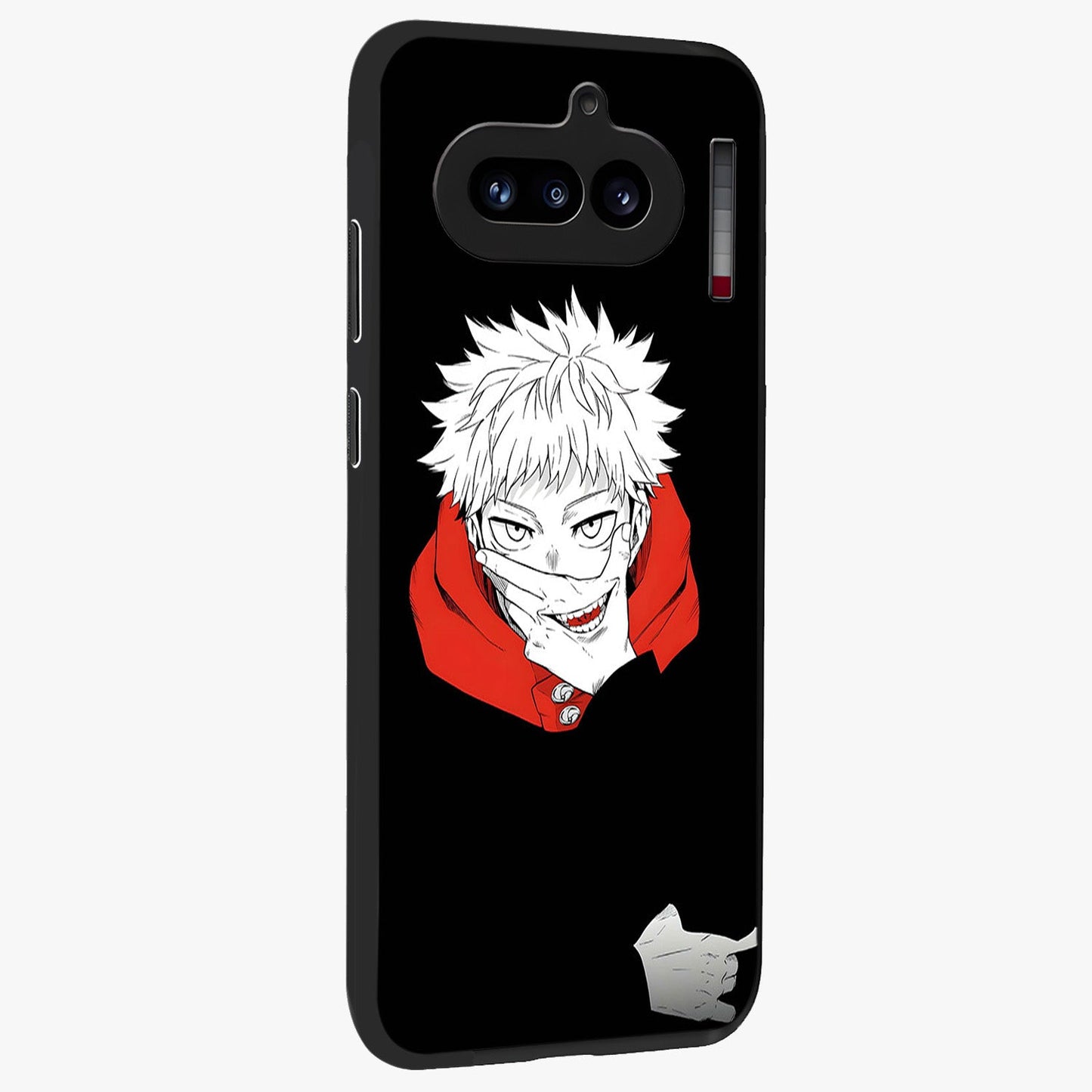 Crimson Chaos Smile Glass Case upright view showcasing expressive chaotic artwork with striking visual theme.