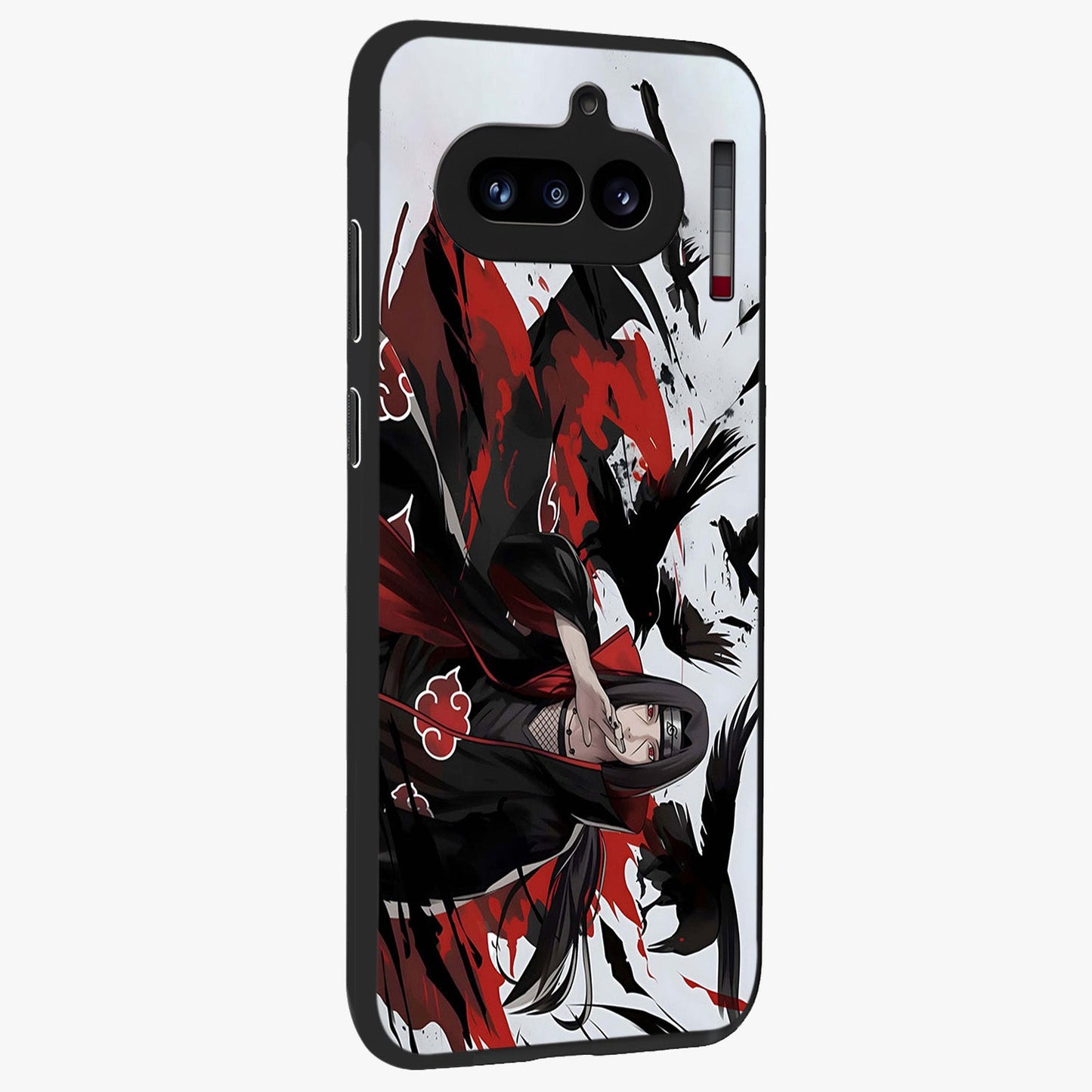 Crimson Crow Illusion Glass Case upright view showcasing striking crow illusion artwork with intense crimson theme.