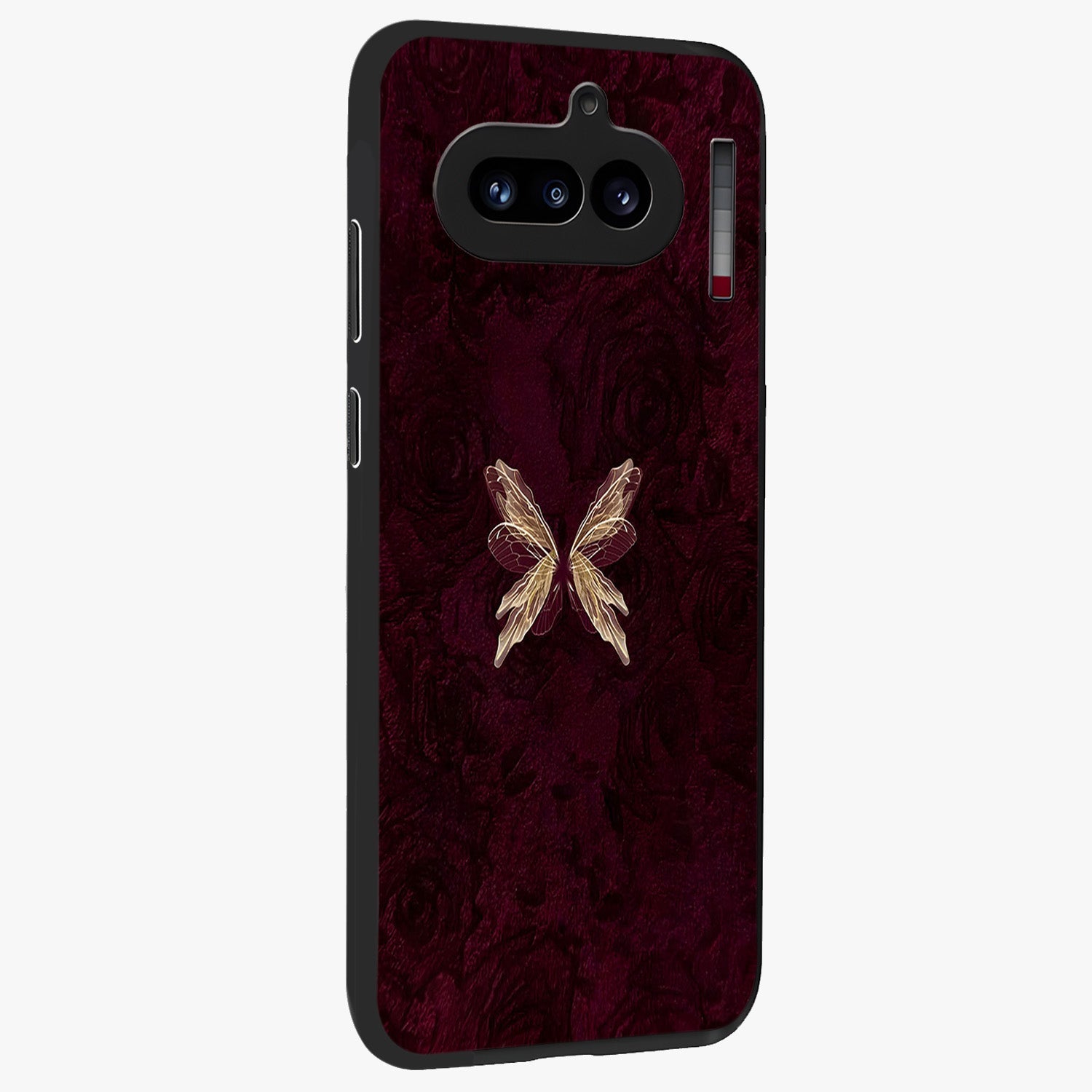 Crimson Fade Butterfly Glass Case upright view showcasing graceful butterfly artwork with soft crimson fade effect.