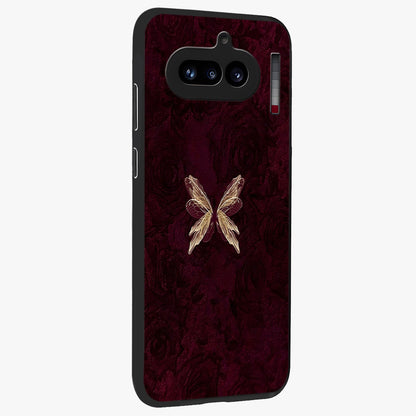 Crimson Fade Butterfly Glass Case upright view showcasing graceful butterfly artwork with soft crimson fade effect.
