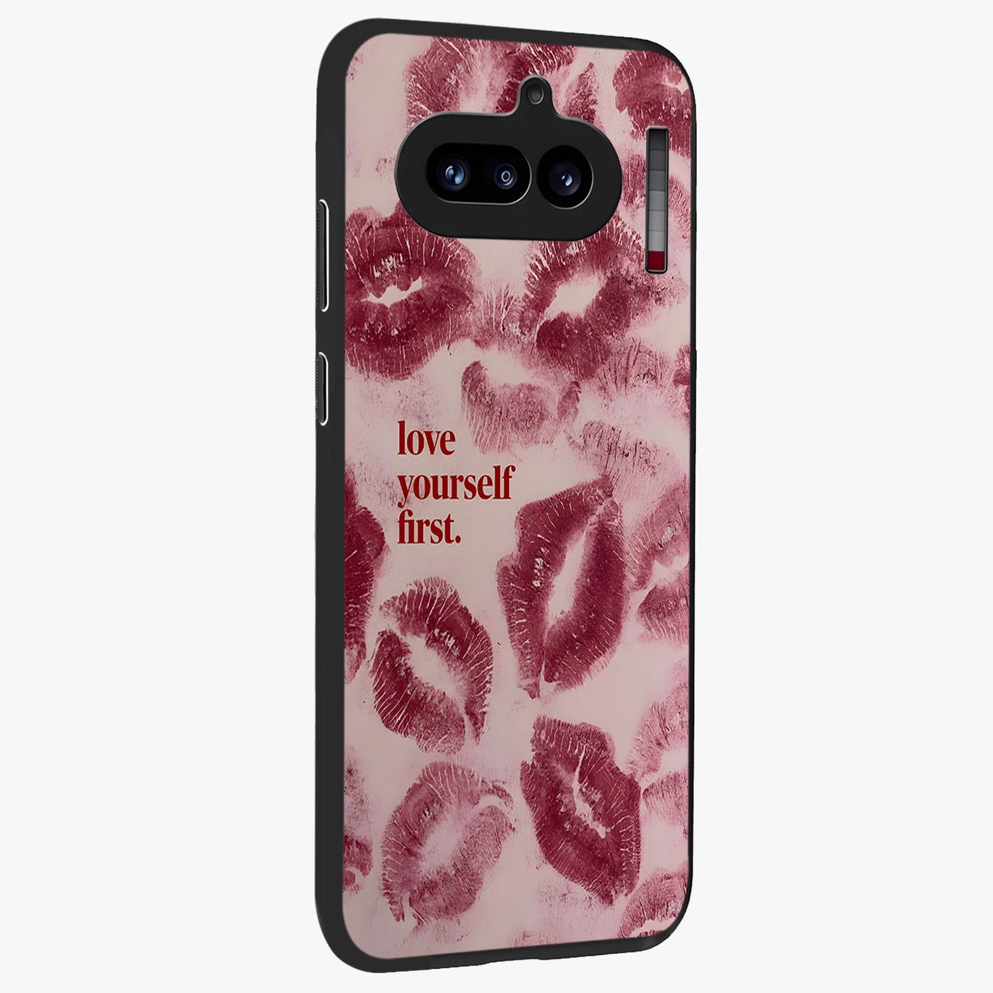 Crimson Kiss Love Glass Case upright view showcasing expressive romantic artwork with deep crimson theme.