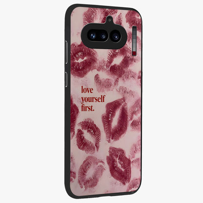 Crimson Kiss Love Glass Case upright view showcasing expressive romantic artwork with deep crimson theme.