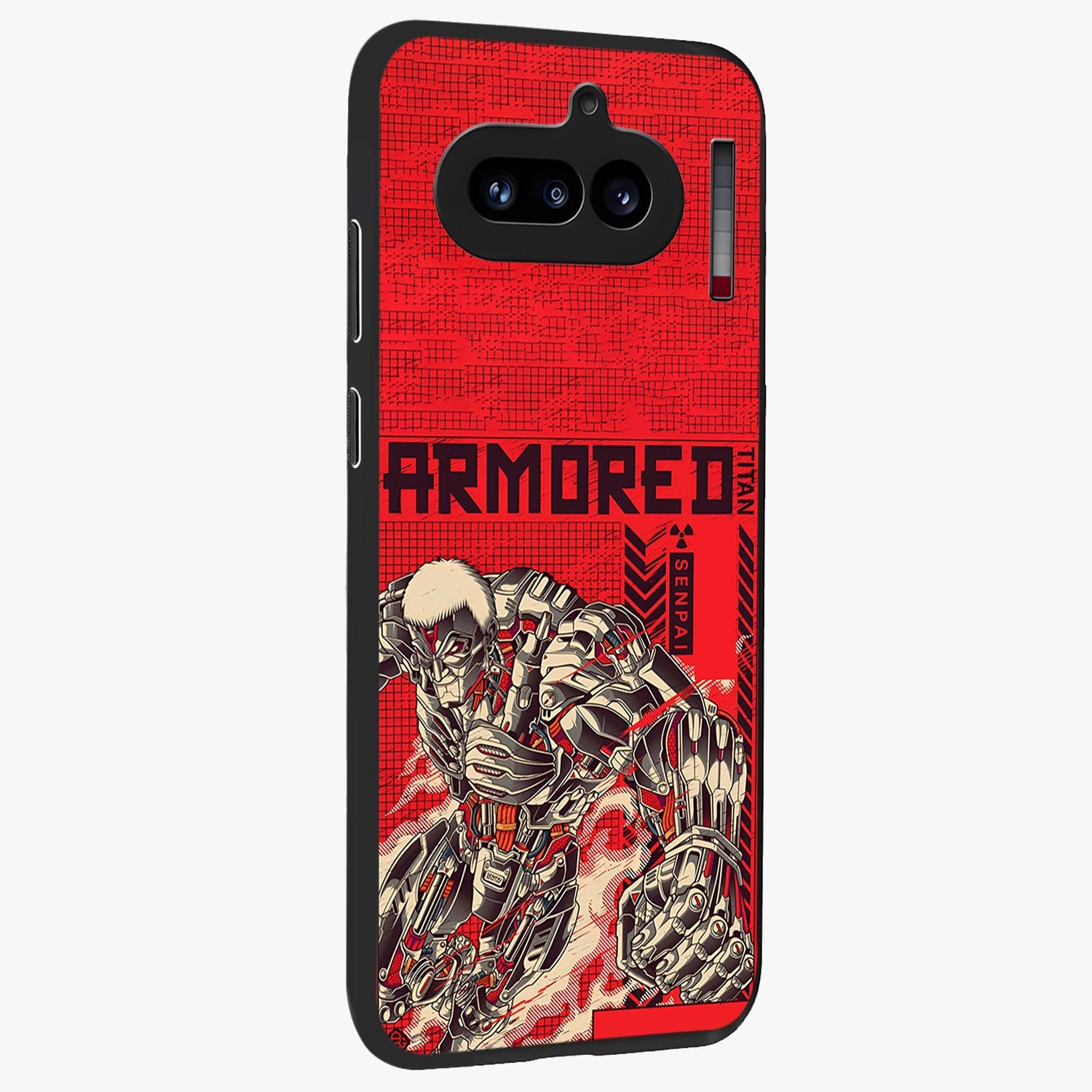 Crimson Mecha Titan Glass Case upright view showcasing dynamic robotic titan design with sci-fi inspired theme.