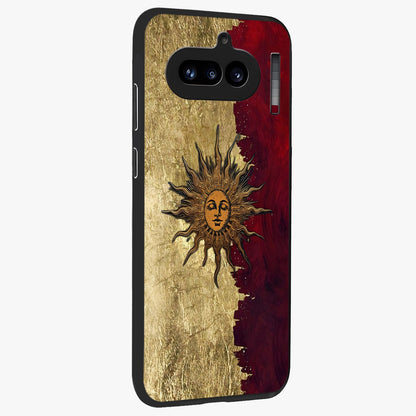 Crimson Sun Majesty Glass Case upright view showcasing vibrant sun artwork with powerful celestial theme.