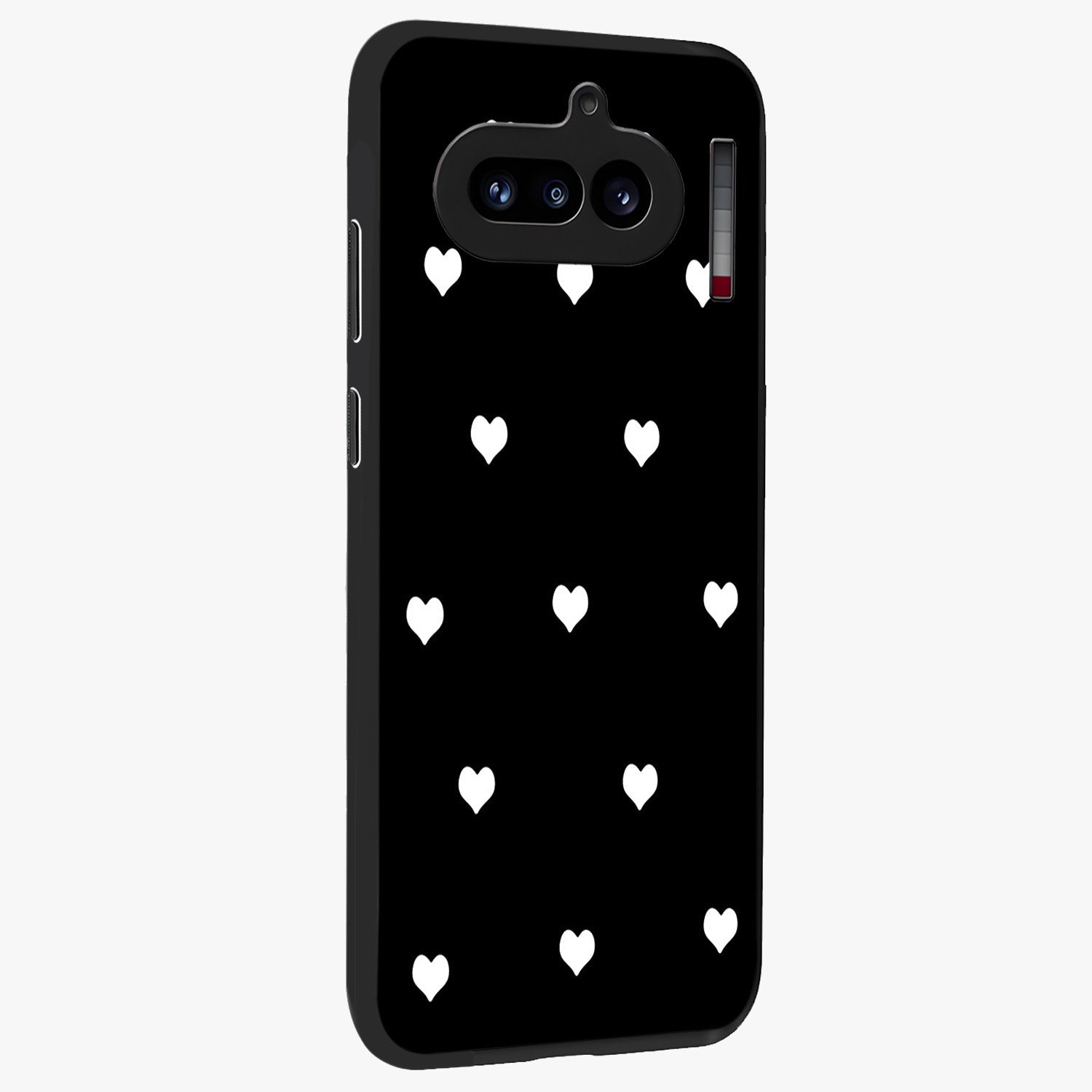 Cute And Simple White Hearts Glass Case upright view showcasing simple white hearts artwork with soft minimal theme.
