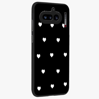 Cute And Simple White Hearts Glass Case upright view showcasing simple white hearts artwork with soft minimal theme.
