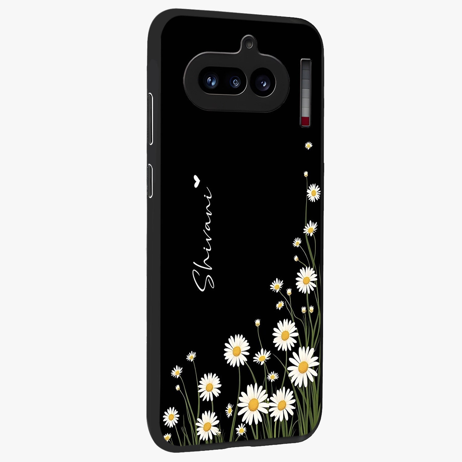 Daisy Cascade Custom Name Glass Case upright view showcasing elegant floral cascade design with personalized aesthetic.