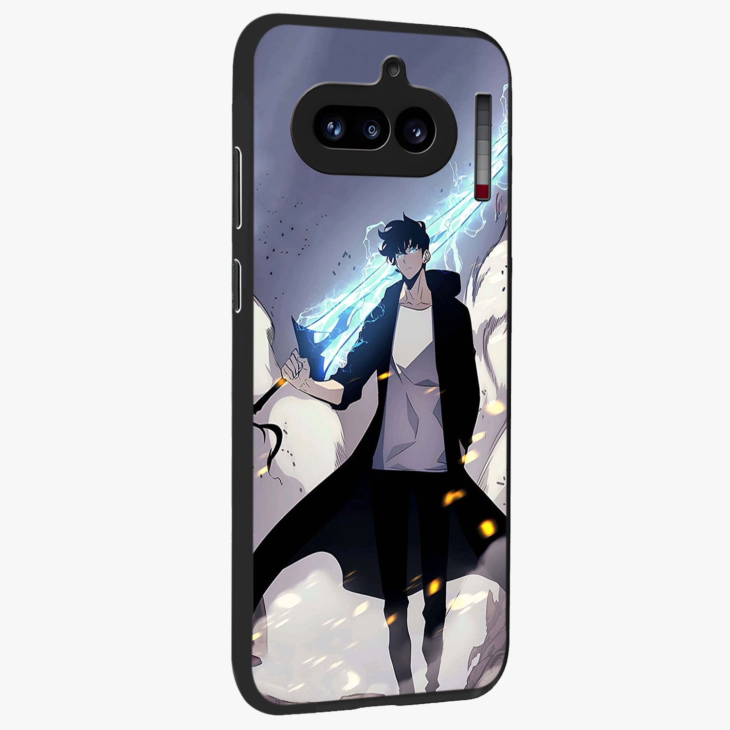 Dark Lightning Anime Warrior Glass Case upright view showcasing dramatic warrior artwork with dark lightning aesthetic.