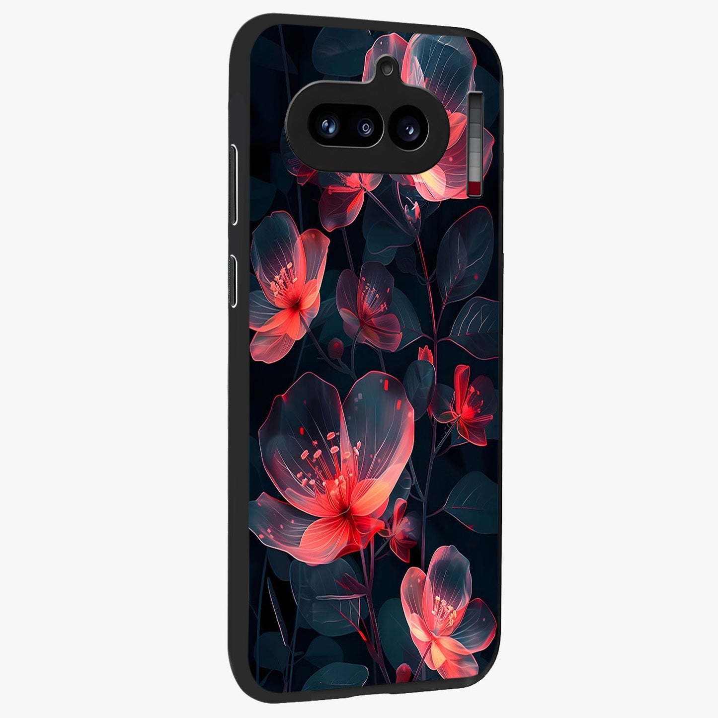 Dark Shade of Flower Glass Case upright view showcasing delicate flower artwork with rich dark floral theme.