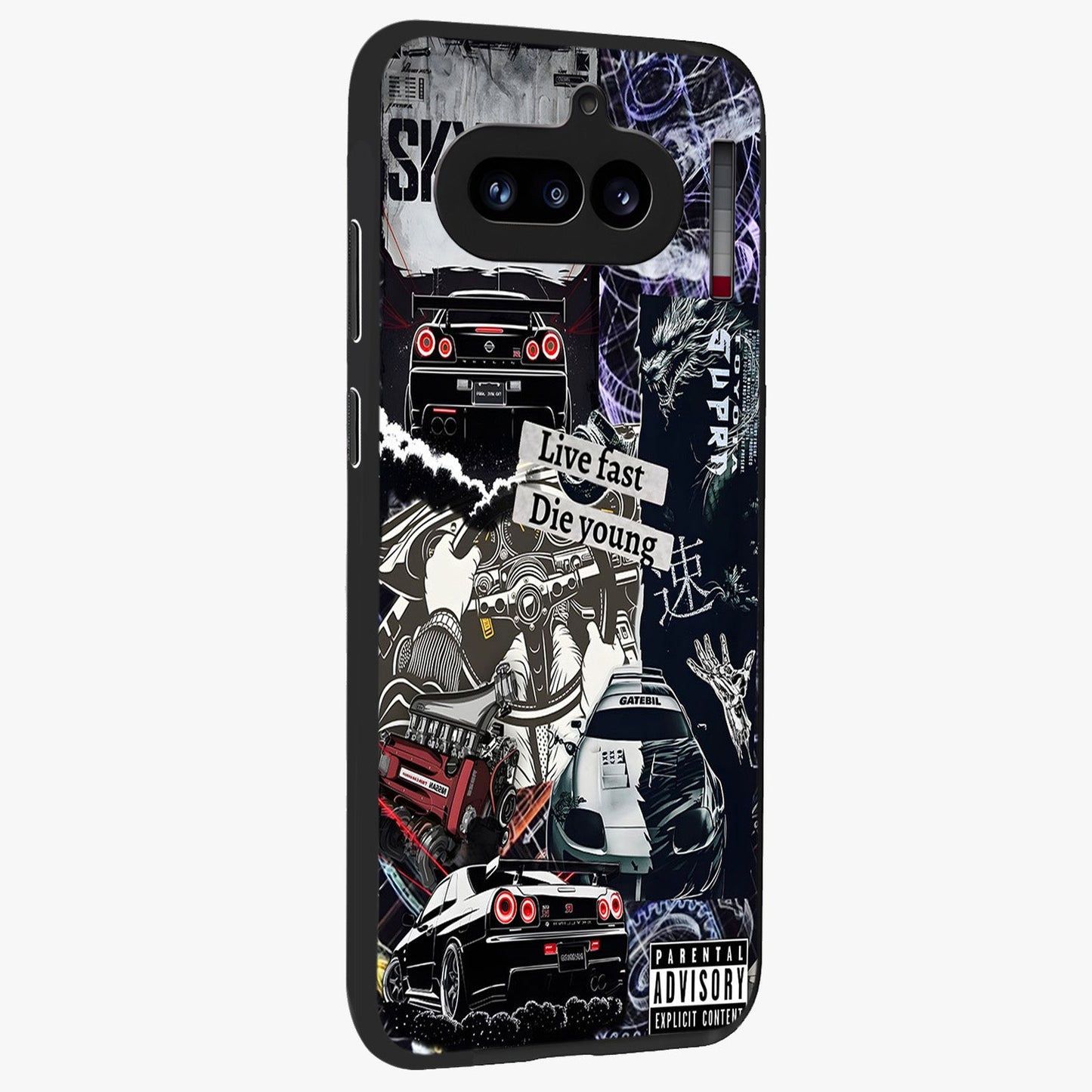 Die Young Glass Case upright view showcasing striking typography artwork with modern statement theme.