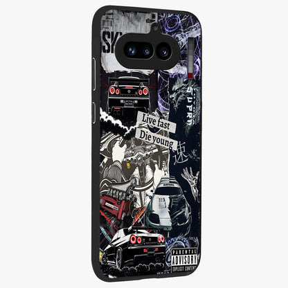 Die Young Glass Case upright view showcasing striking typography artwork with modern statement theme.