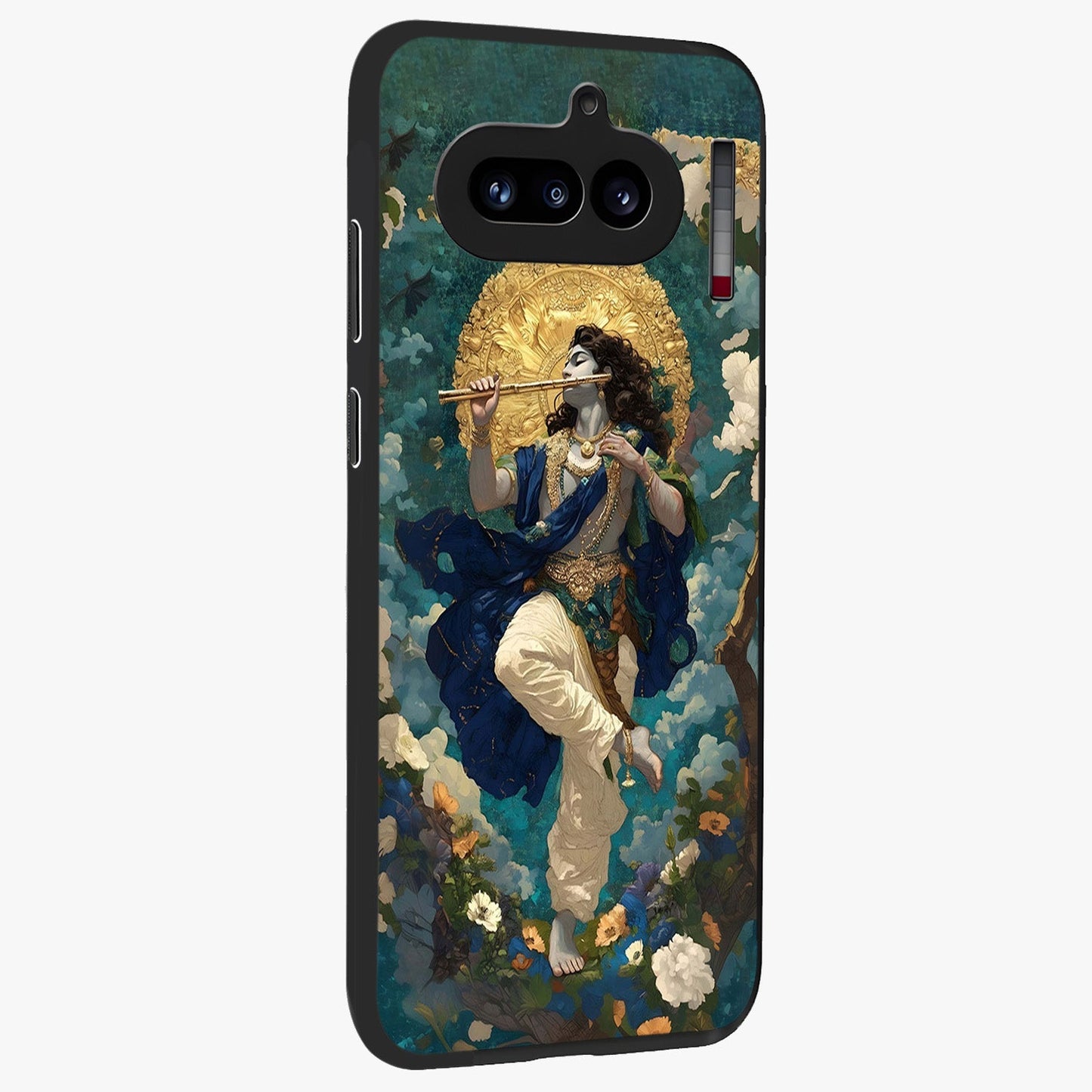 Divine Krishna Art Glass Case upright view showcasing divine Krishna artwork with sacred artistic theme.