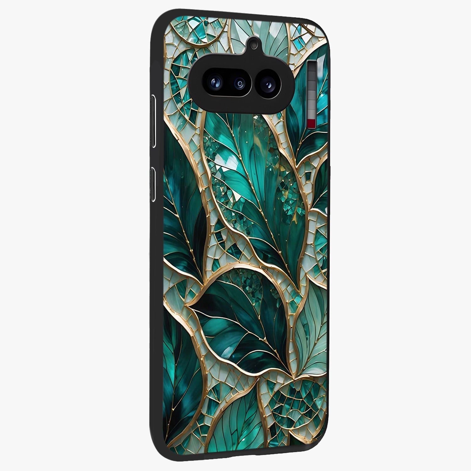 Emerald Leaf Glass Glass Case upright view showcasing fresh green leaf artwork with calming nature inspired style.