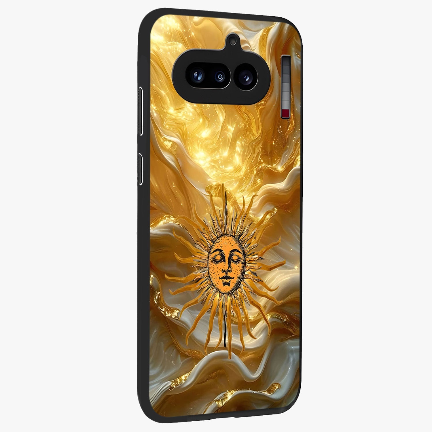 Eternal Golden Glow Glass Case upright view showcasing luminous golden artwork with luxurious visual theme.