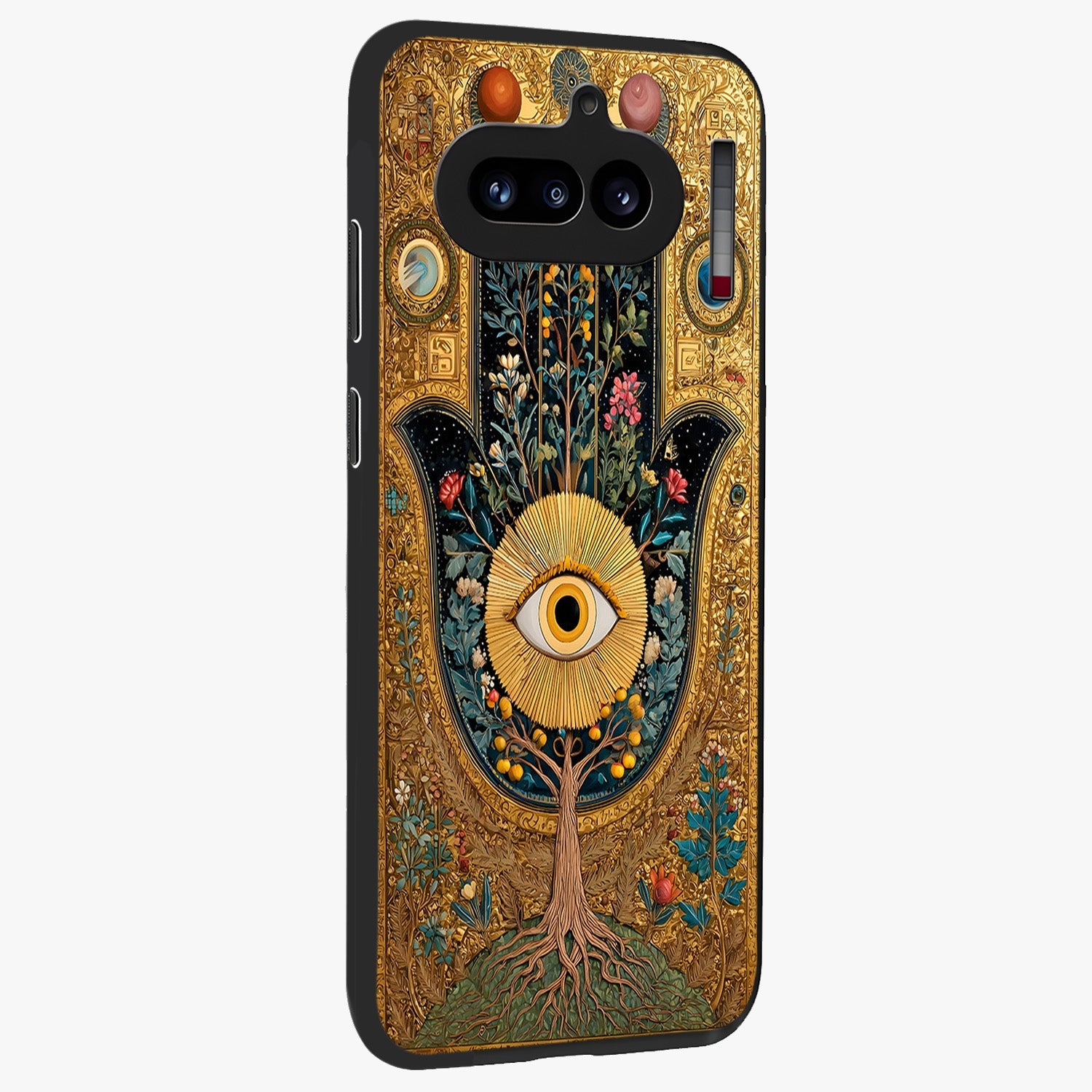 Ethereal Evil Eye Glass Case upright view showcasing celestial evil eye artwork with mystical theme.