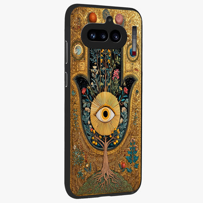 Ethereal Evil Eye Glass Case upright view showcasing celestial evil eye artwork with mystical theme.