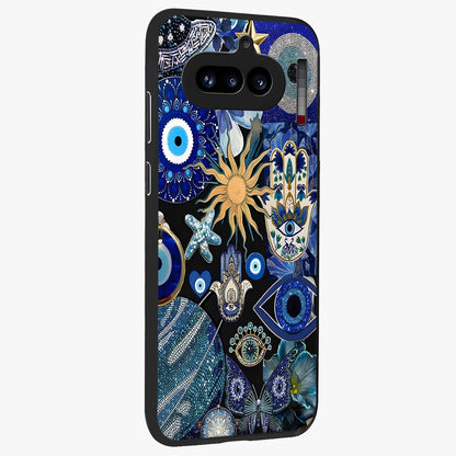 Evil Eye Charm Mix Glass Case upright view showcasing mystical evil eye pattern with vibrant decorative style.