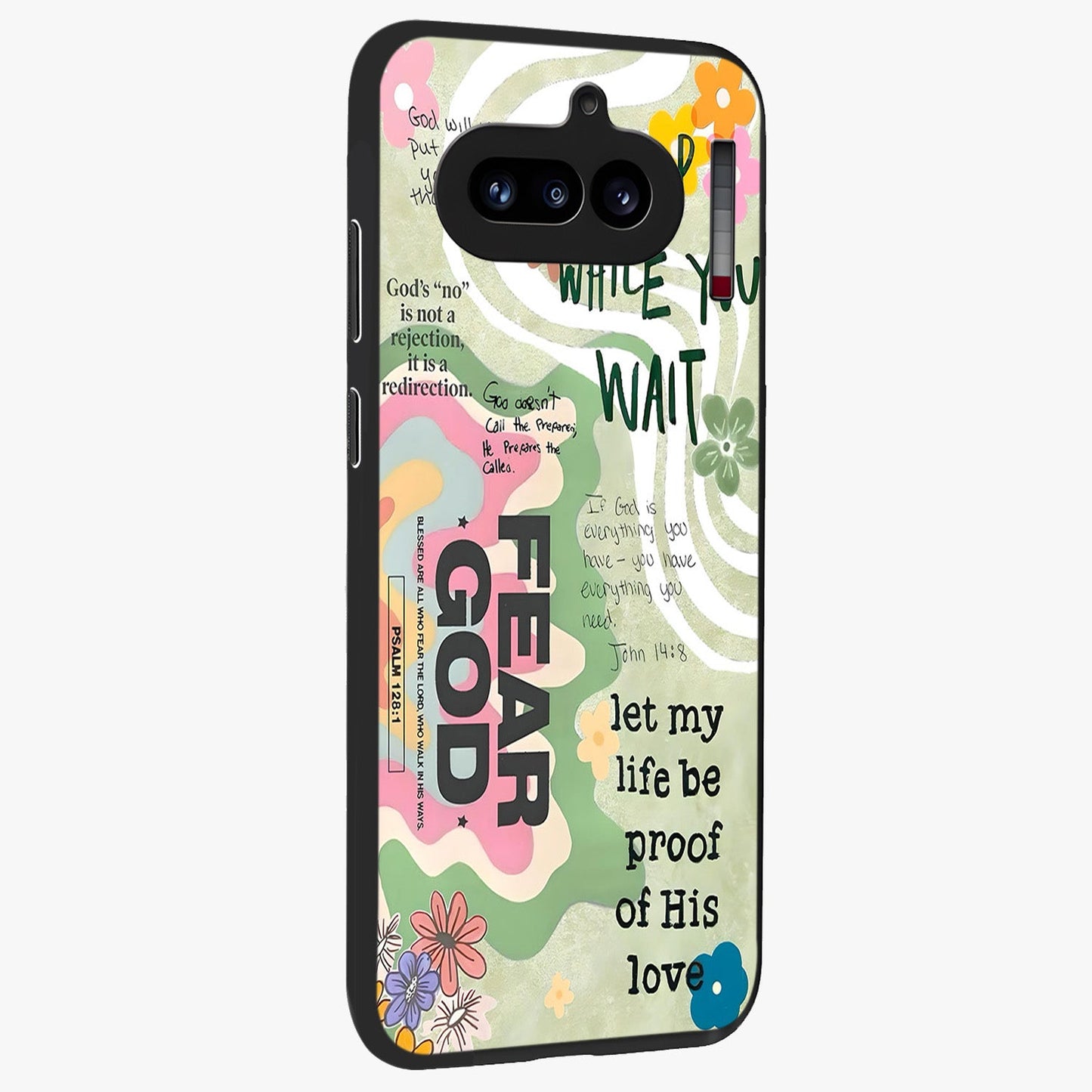 Faith Over Fear Glass Case upright view showcasing bold typography artwork with uplifting motivational theme.