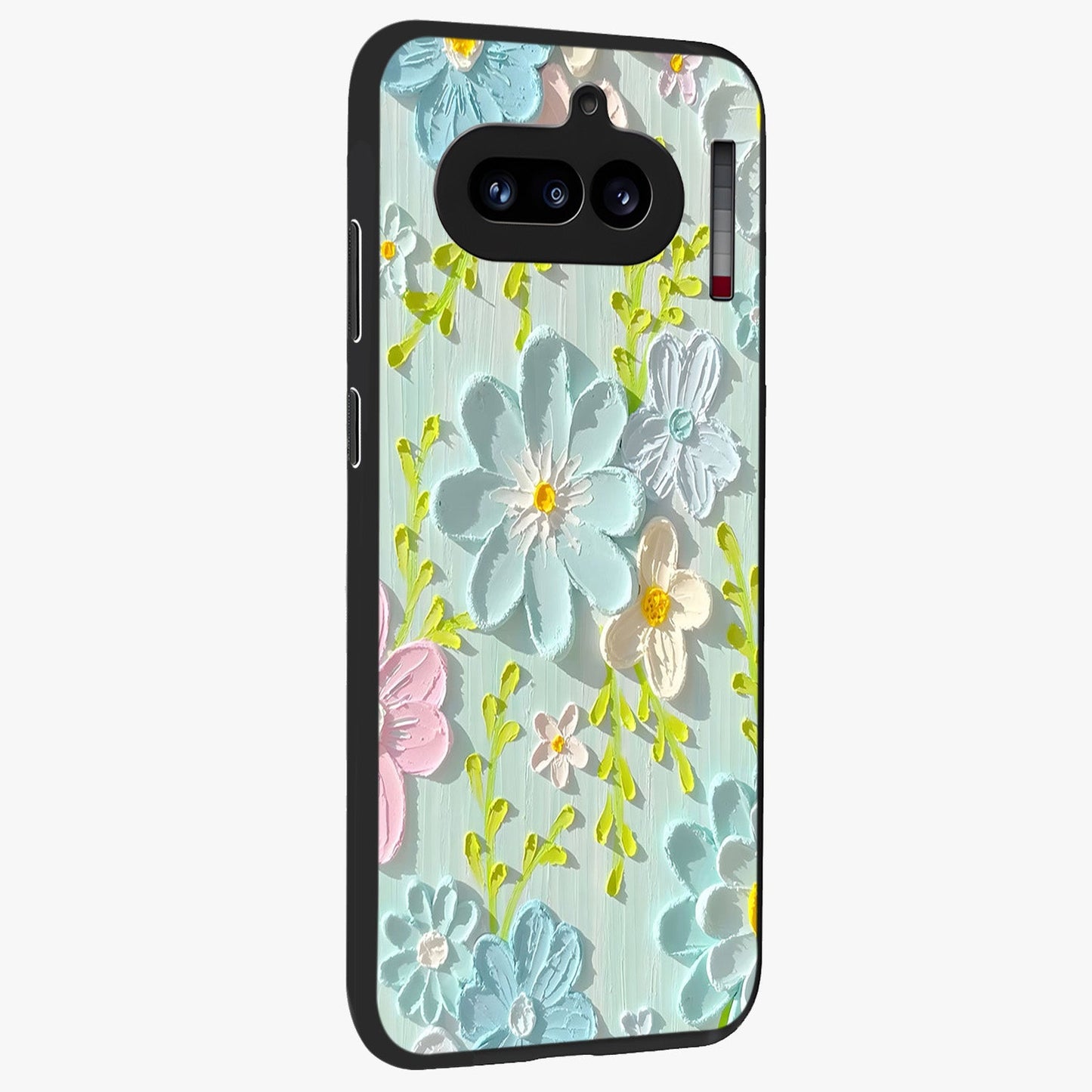 Frosted Petal Garden Glass Case upright view showcasing elegant floral garden artwork with soothing pastel theme.