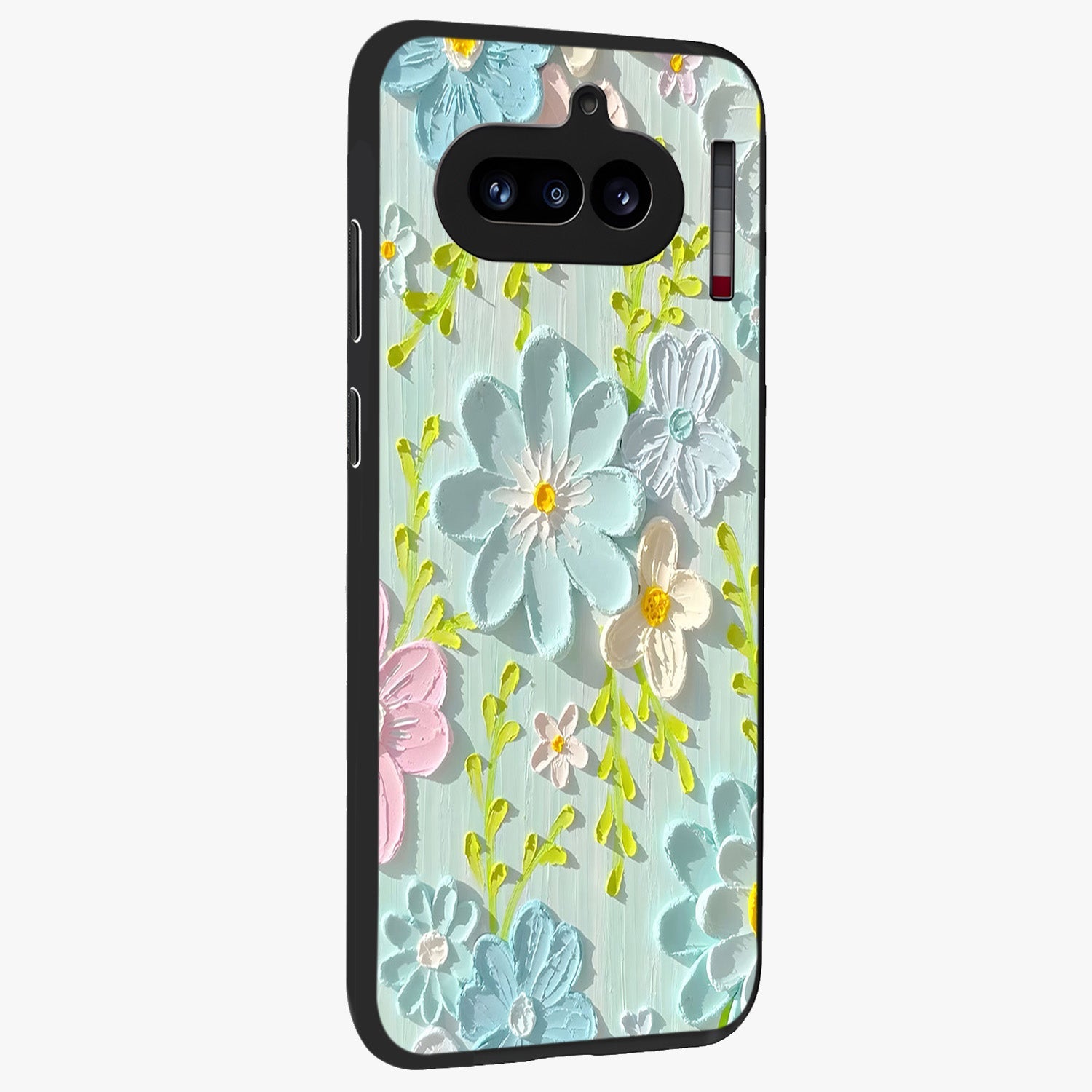 Frosted Petal Garden Glass Case upright view showcasing elegant floral garden artwork with soothing pastel theme.