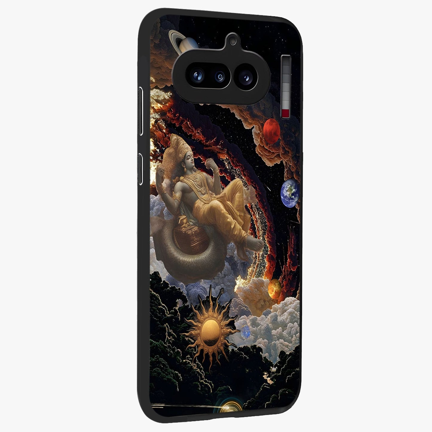 Galactic Divine God Glass Case upright view showcasing mystical divine artwork with dramatic cosmic theme.
