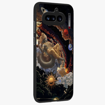 Galactic Divine God Glass Case upright view showcasing mystical divine artwork with dramatic cosmic theme.