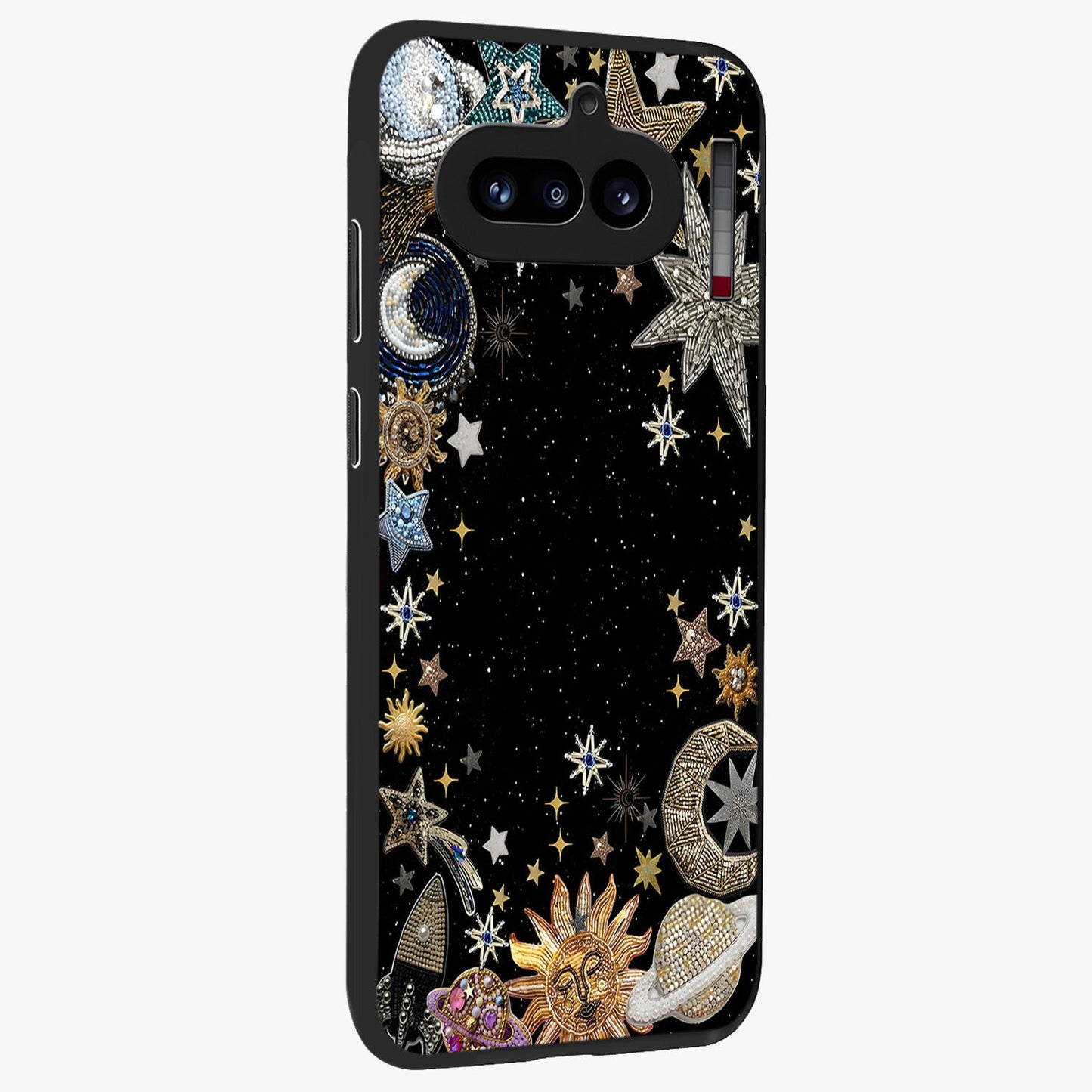 Galactic Jewel Stars Glass Case upright view showcasing glittering star jewel artwork with vibrant galaxy theme.