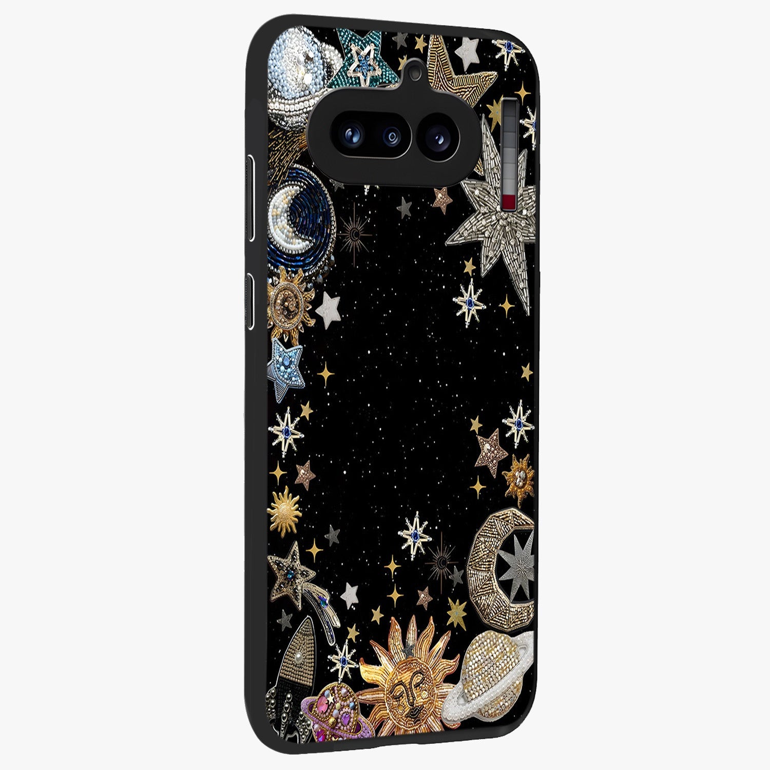 Galactic Jewel Stars Glass Case upright view showcasing glittering star jewel artwork with vibrant galaxy theme.