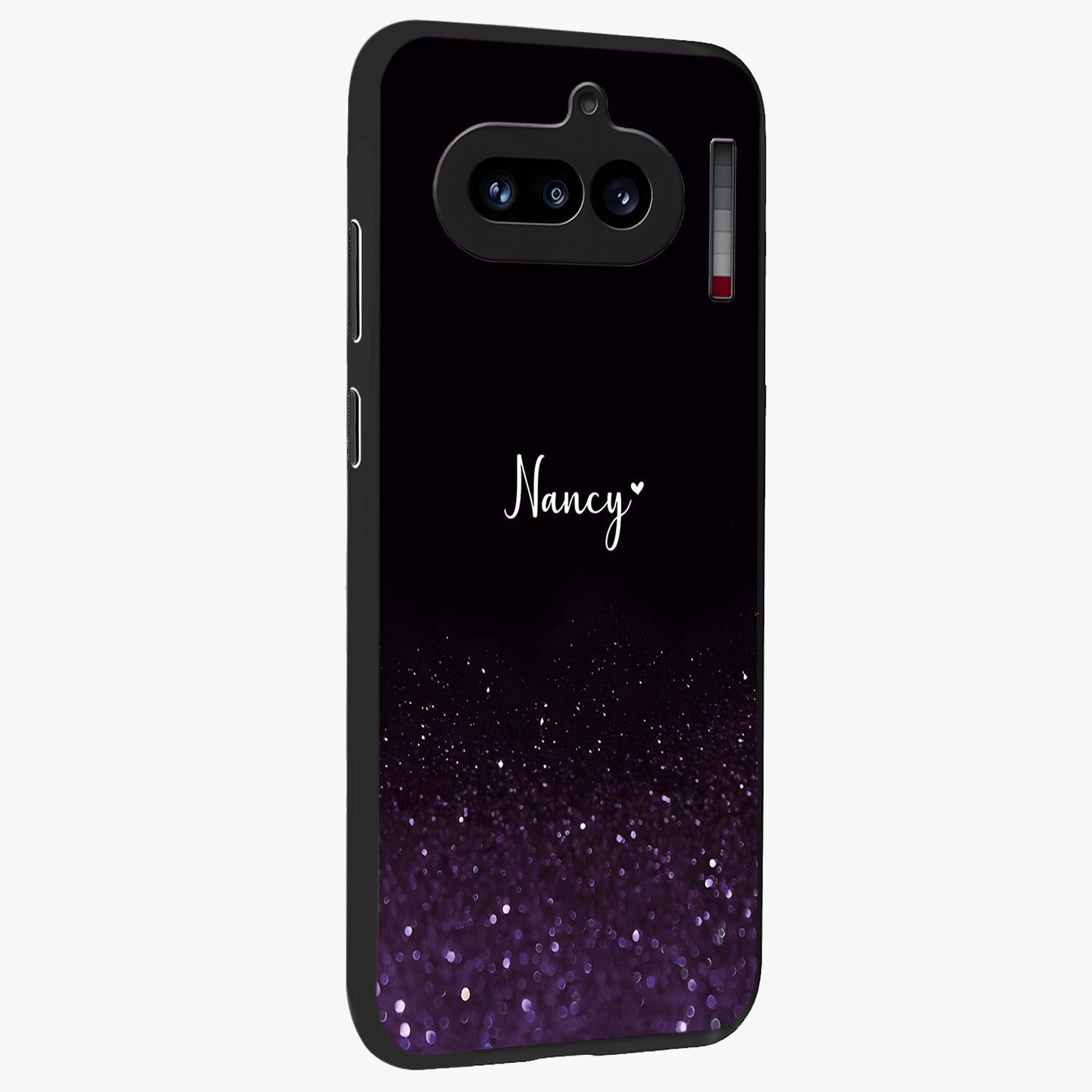 Glittery Purple Bokeh Custom Name Glass Case upright view showcasing vibrant purple sparkle artwork with personalized aesthetic style.