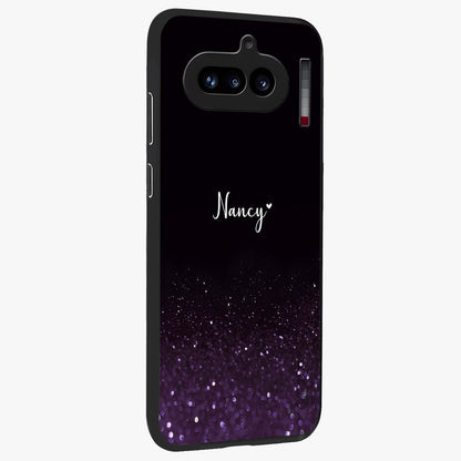Glittery Purple Bokeh Custom Name Glass Case upright view showcasing vibrant purple sparkle artwork with personalized aesthetic style.