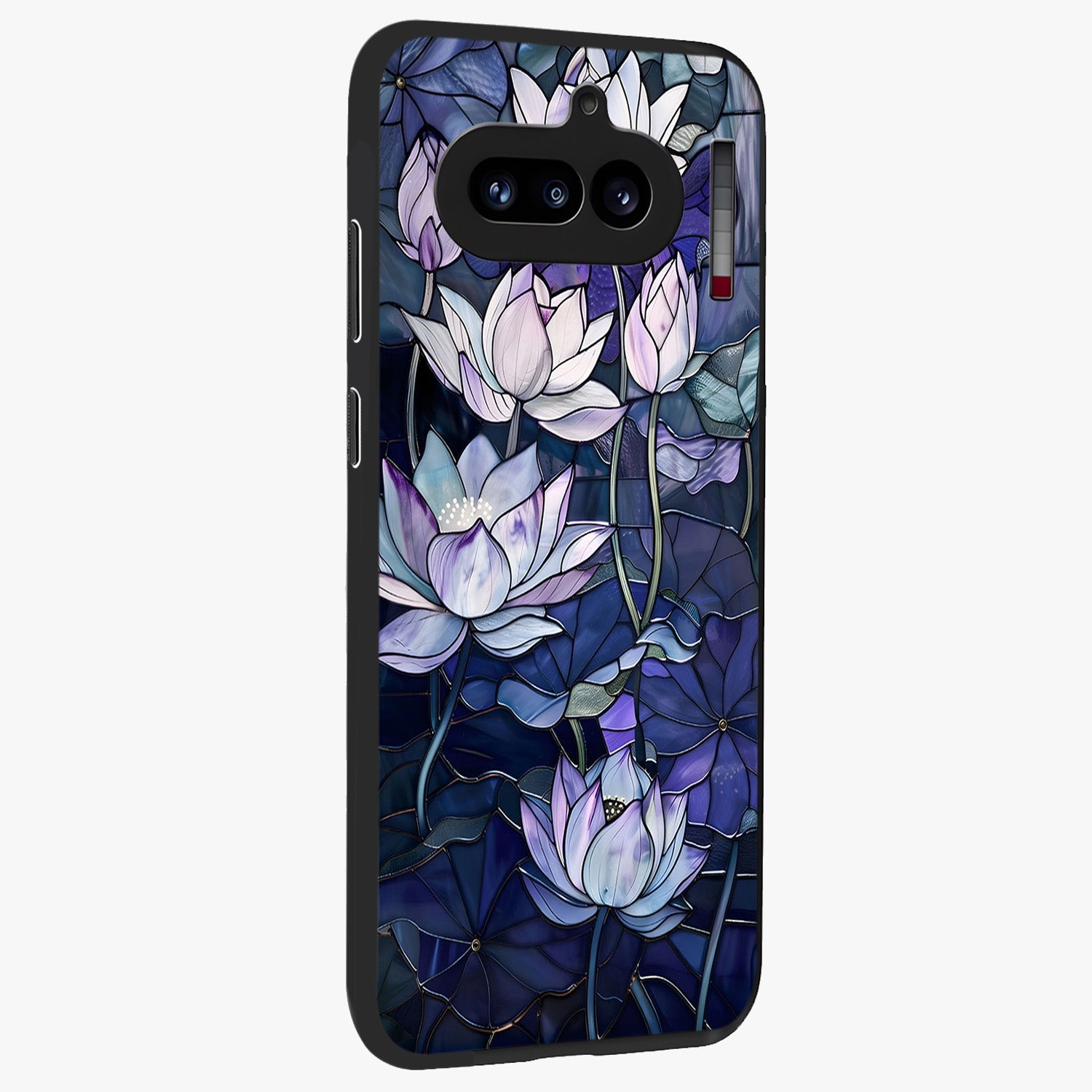 Gloss Petal Rush Glass Case upright view showcasing dynamic floral petal artwork with modern botanical theme.