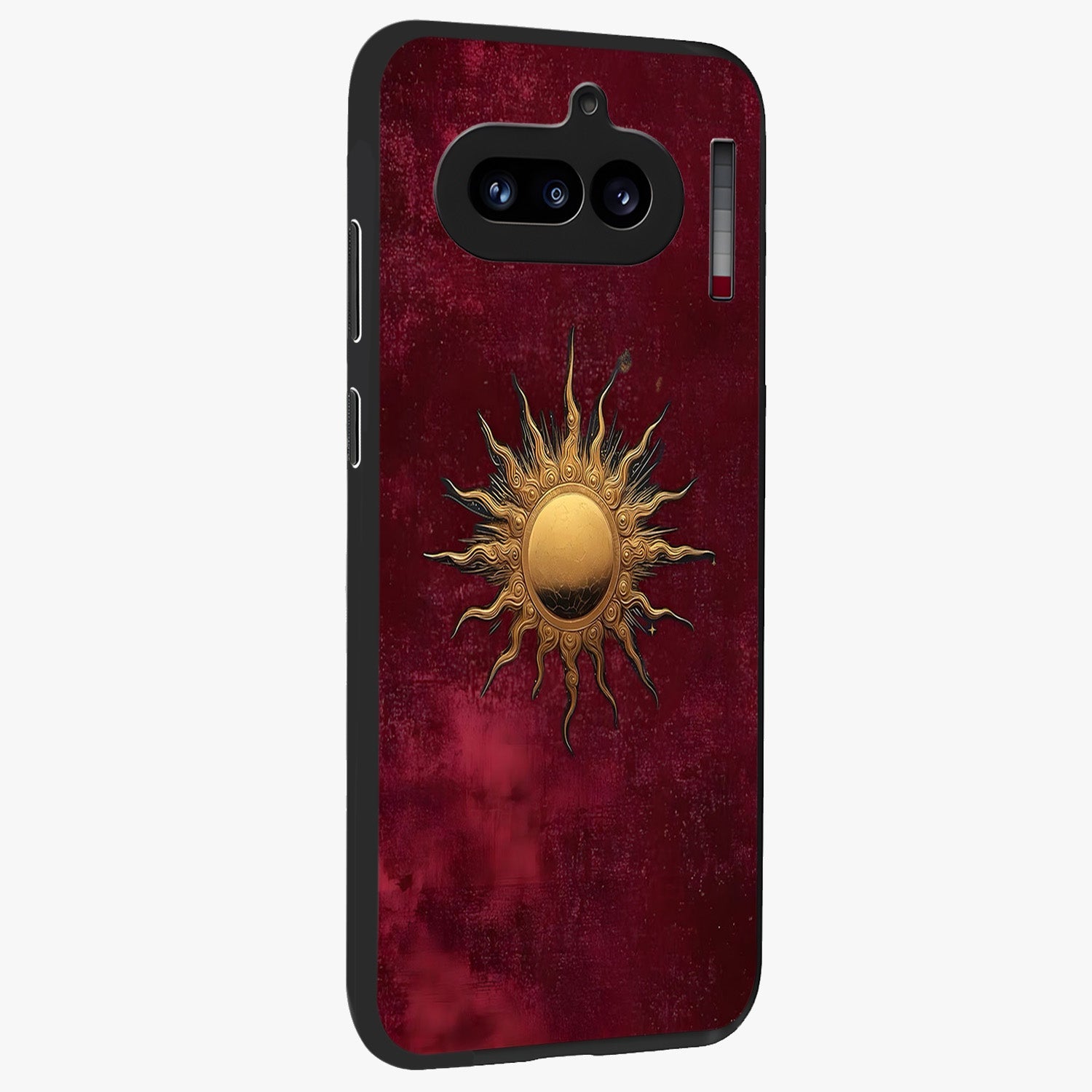 Golden Sun Minimalism Glass Case upright view showcasing simple golden sun artwork with elegant minimalist style.