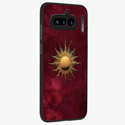 Golden Sun Minimalism Glass Case upright view showcasing simple golden sun artwork with elegant minimalist style.