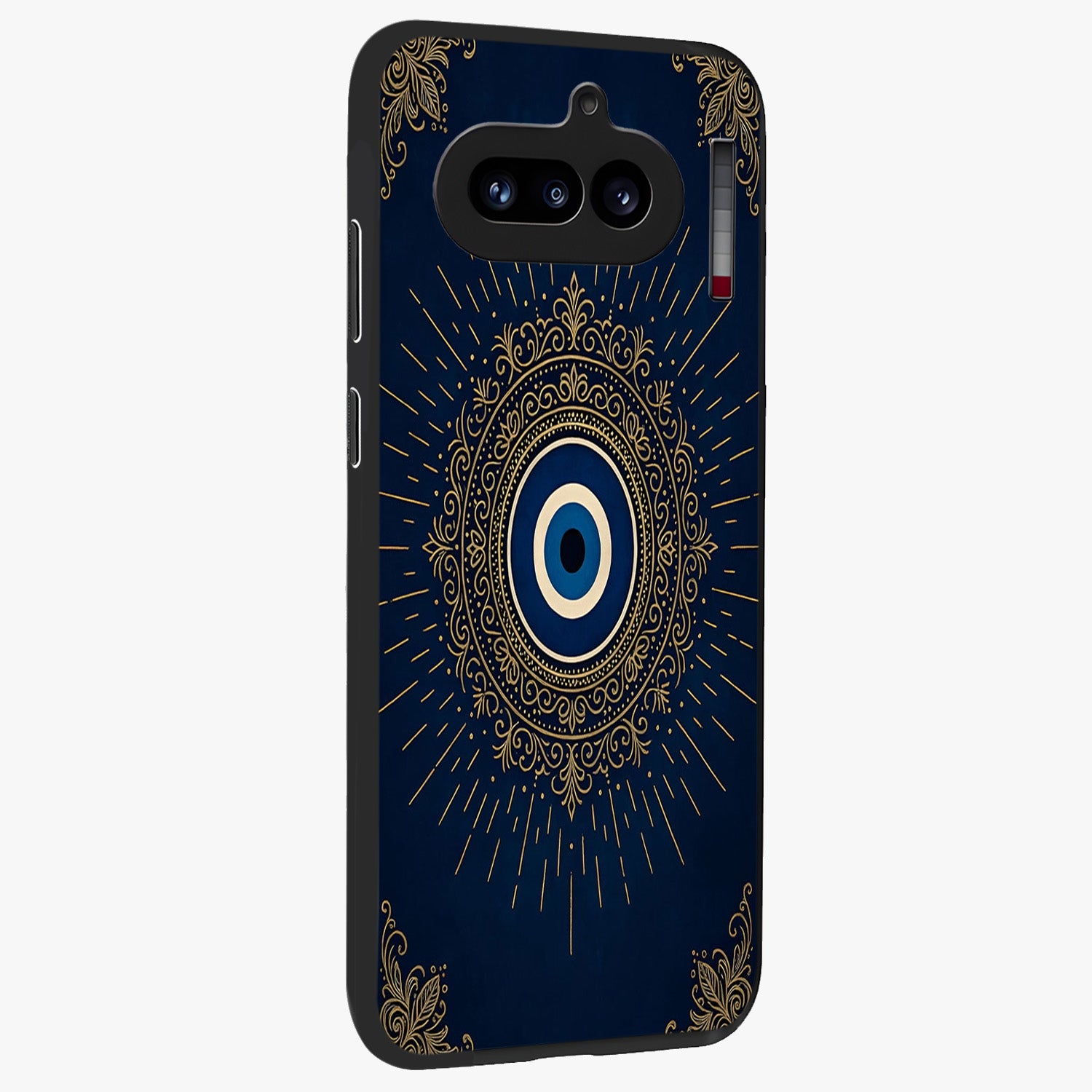 Golden Celestial Charm Glass Case upright view showcasing radiant celestial artwork with elegant golden theme.